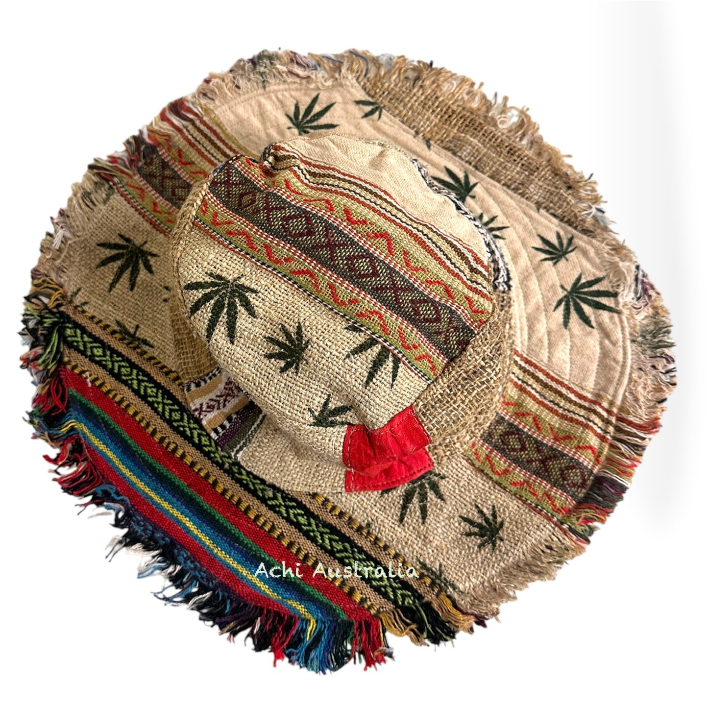 Handmade Hemp and Cotton Boho Sun Hat -Leaf & Mushroom Print- Made in Nepal