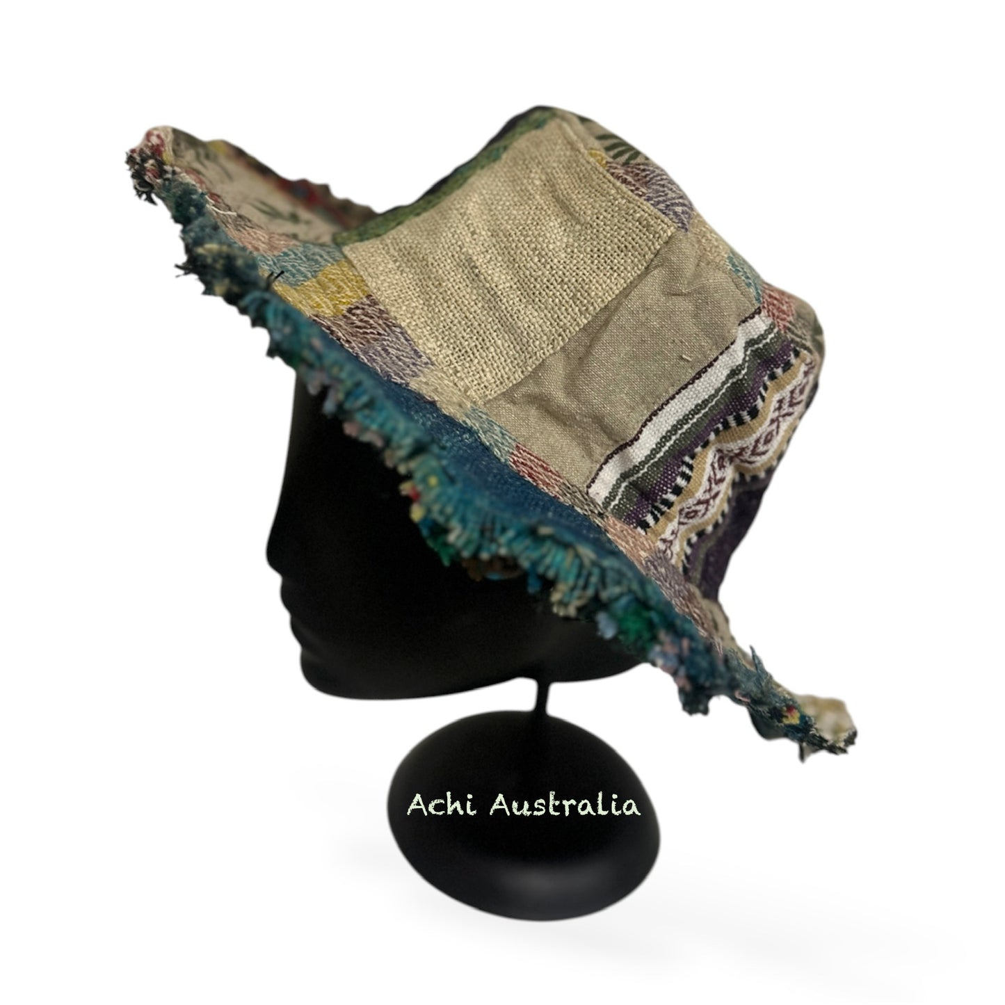 Handmade Hemp and Cotton Boho Sun Hat -Leaf & Mushroom Print-  Made in Nepal