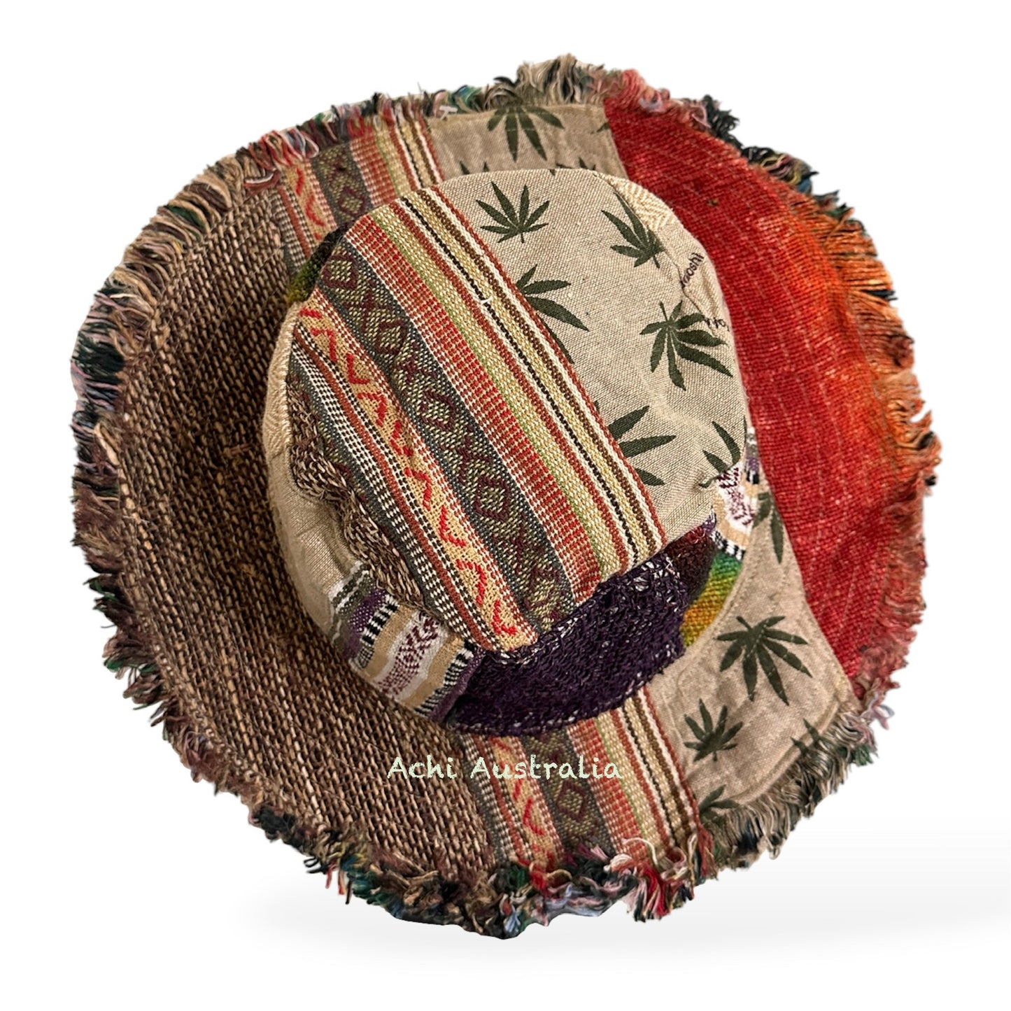 Handmade Hemp and Cotton Boho Sun Hat -Leaf & Mushroom Print-  Made in Nepal