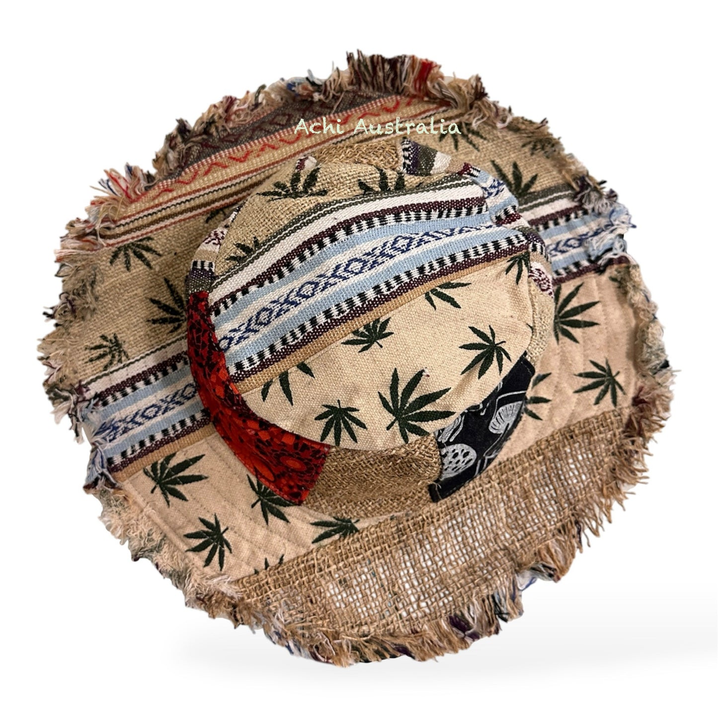 Handmade Hemp and Cotton Boho Sun Hat -Leaf & Mushroom Print-  Made in Nepal