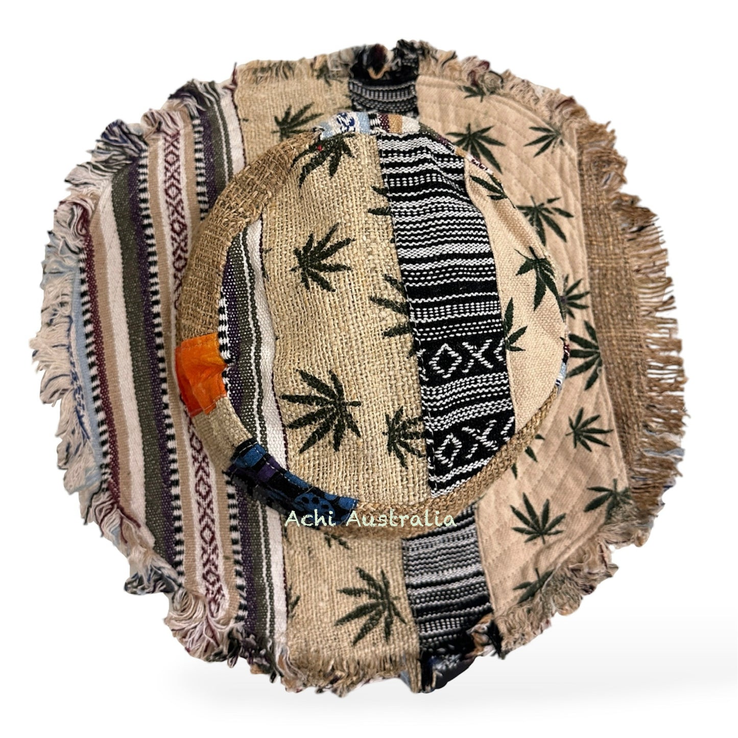 Handmade Hemp and Cotton Boho Sun Hat -Leaf & Mushroom Print-  Made in Nepal