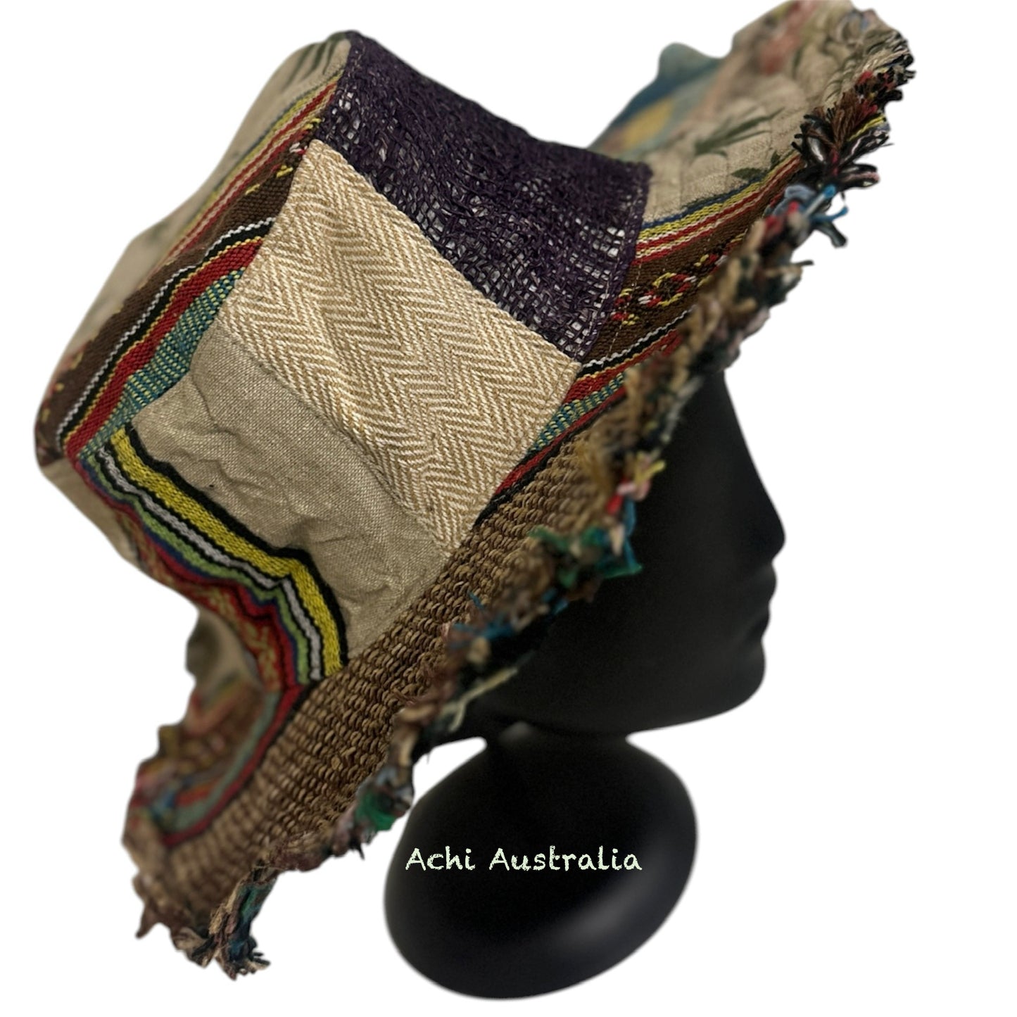 Handmade Hemp and Cotton Boho Sun Hat -Leaf & Mushroom Print-  Made in Nepal